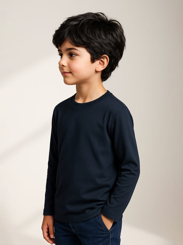 Navy Blue Basic Long Sleeve Casual T-Shirt - Junior