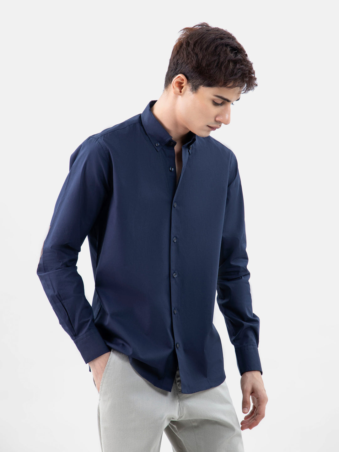 Navy Blue Button Down Shirt With Brown Elbow Patch Brumano Pakistan