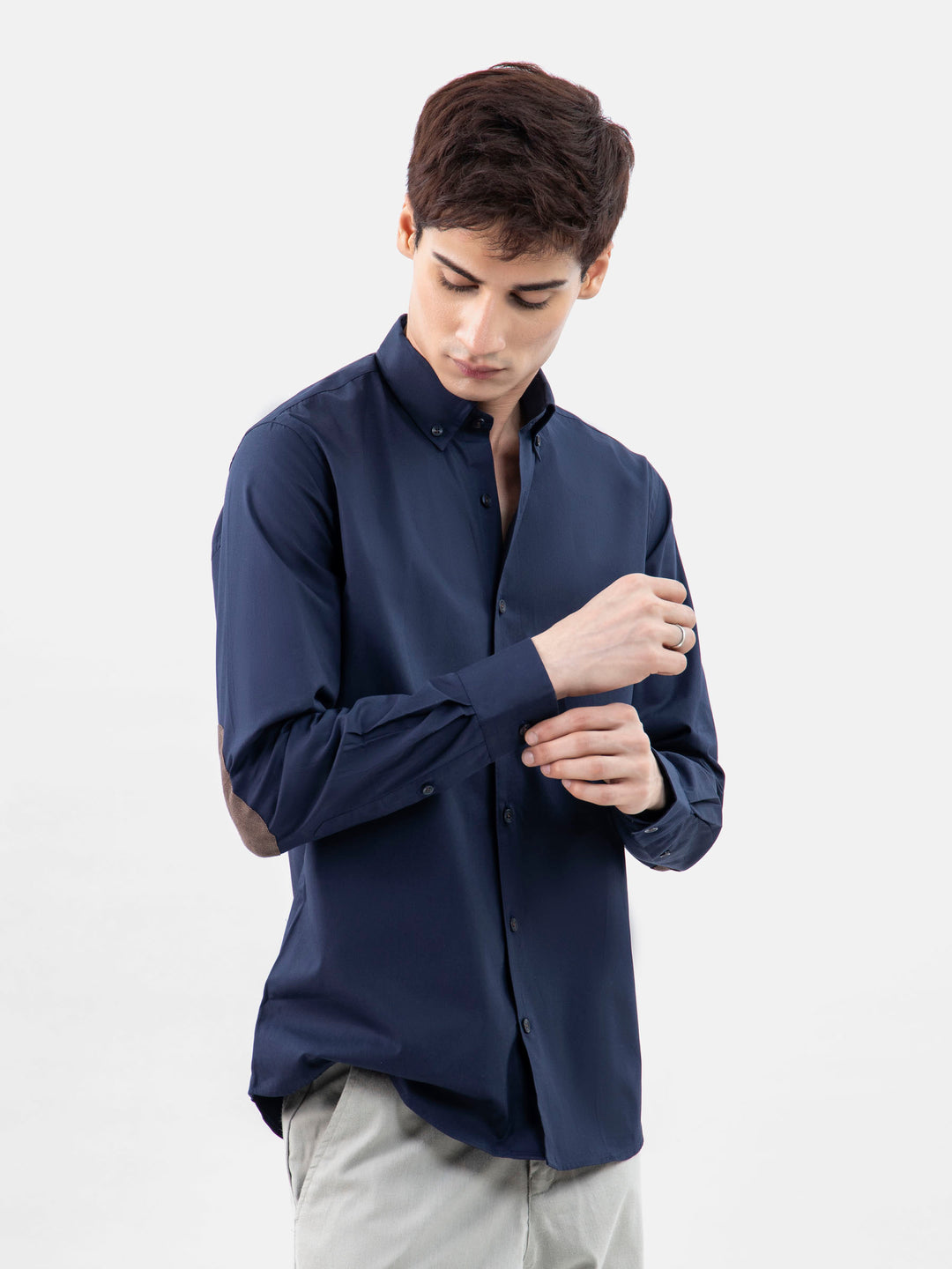 Navy Blue Button Down Shirt With Brown Elbow Patch Brumano Pakistan