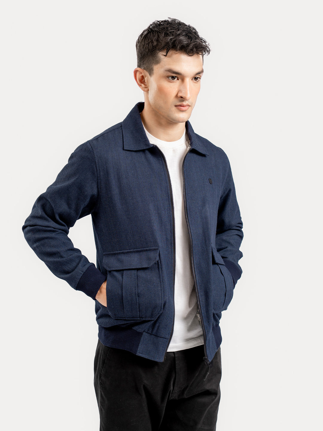 Navy Blue Casual Collar Jacket With Cargo Pocket