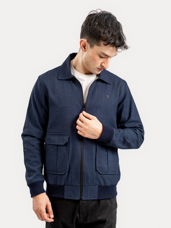 Navy Blue Casual Collar Jacket With Cargo Pocket