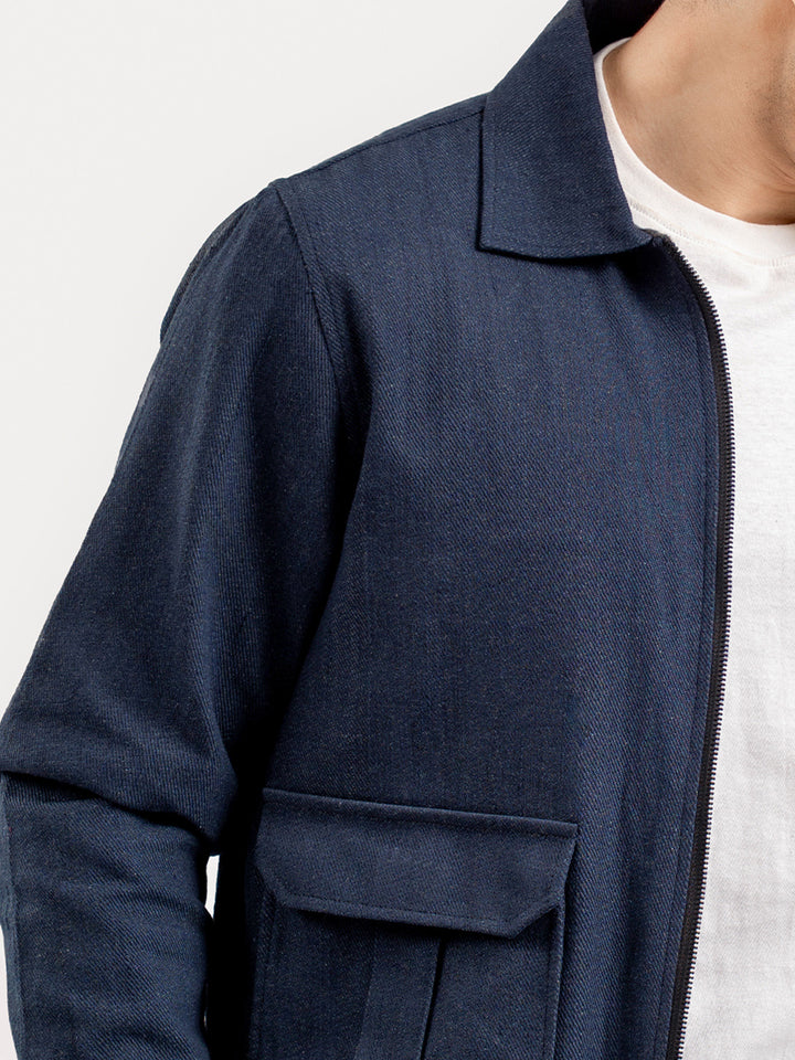 Navy Blue Casual Collar Jacket With Cargo Pocket