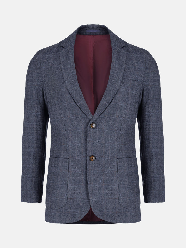 Navy Blue Checkered Wool & Cashmere Blazer - Sartoria Brumano Pakistan