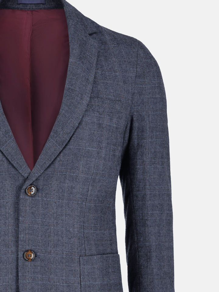 Navy Blue Checkered Wool & Cashmere Blazer - Sartoria Brumano Pakistan