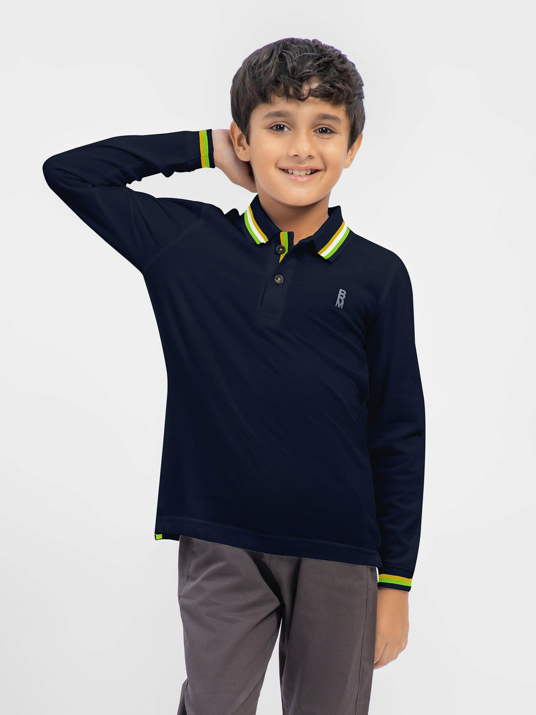 Navy blue contrasting tipped long sleeve pique polo brumano pakistan