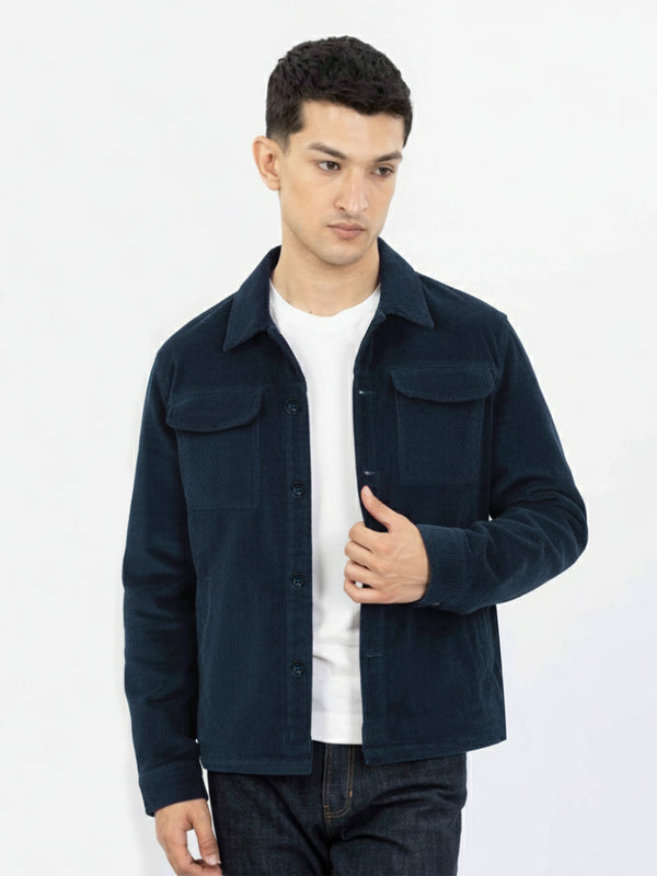 Navy Blue Corduroy Over-Shirt With Front Flap Pockets