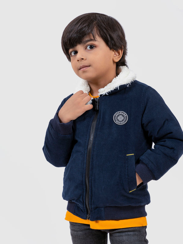 Navy Blue Corduroy Quilted Jacket With Sherpa Collar - Unisex