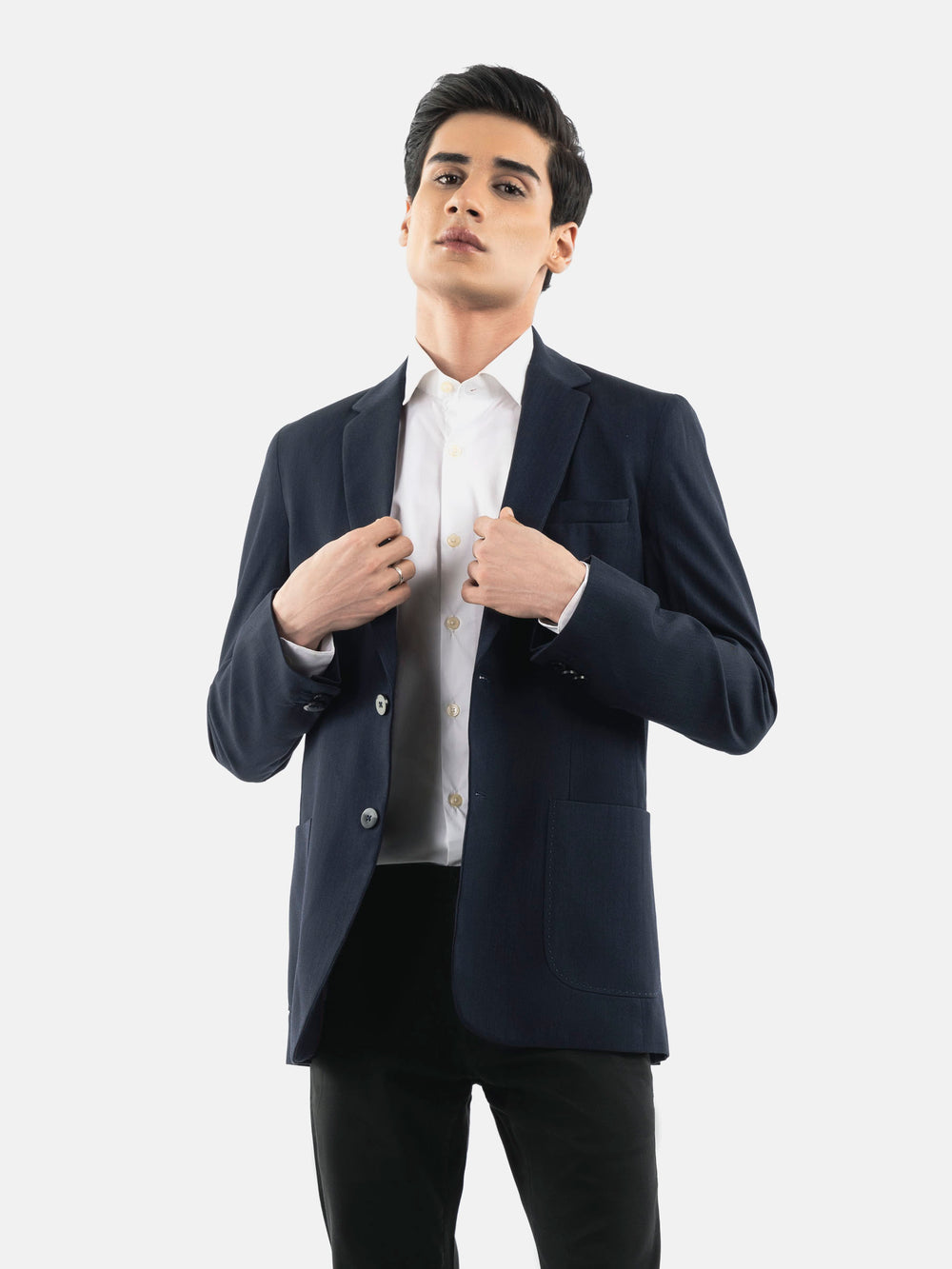 Navy blue dobby structured blazer brumano pakistan