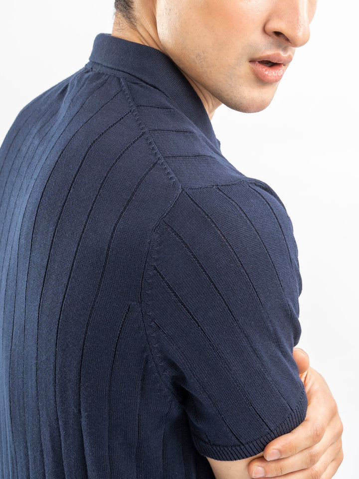 Navy Blue Drop Needle Flat Knit Polo