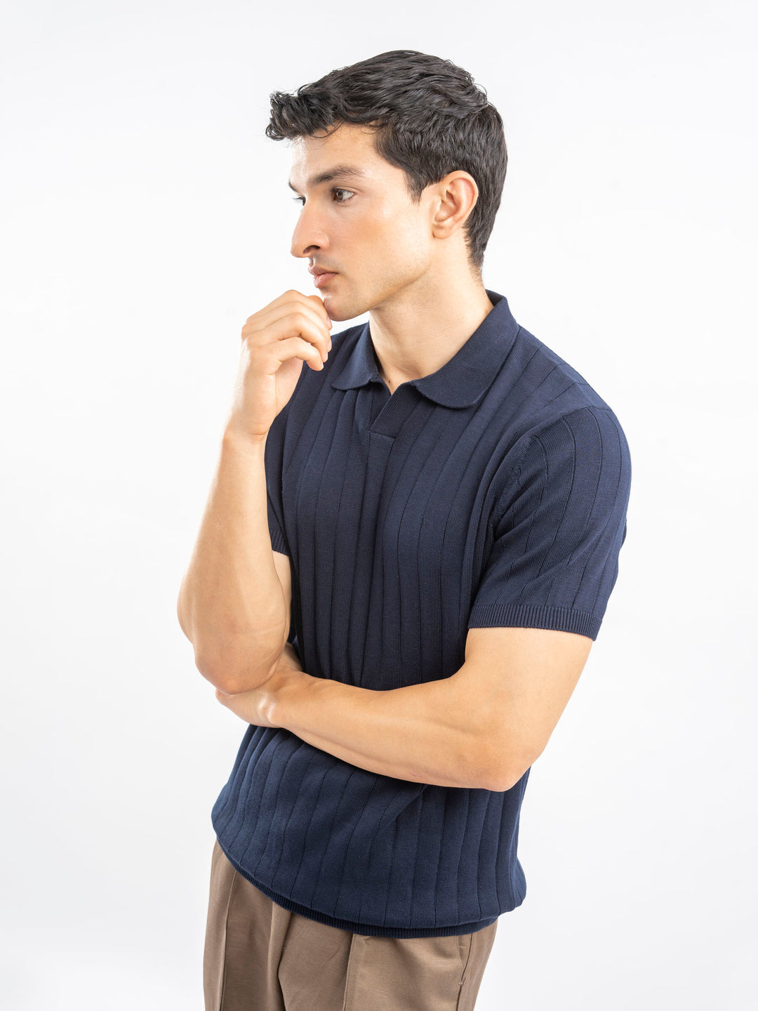 Navy Blue Drop Needle Flat Knit Polo