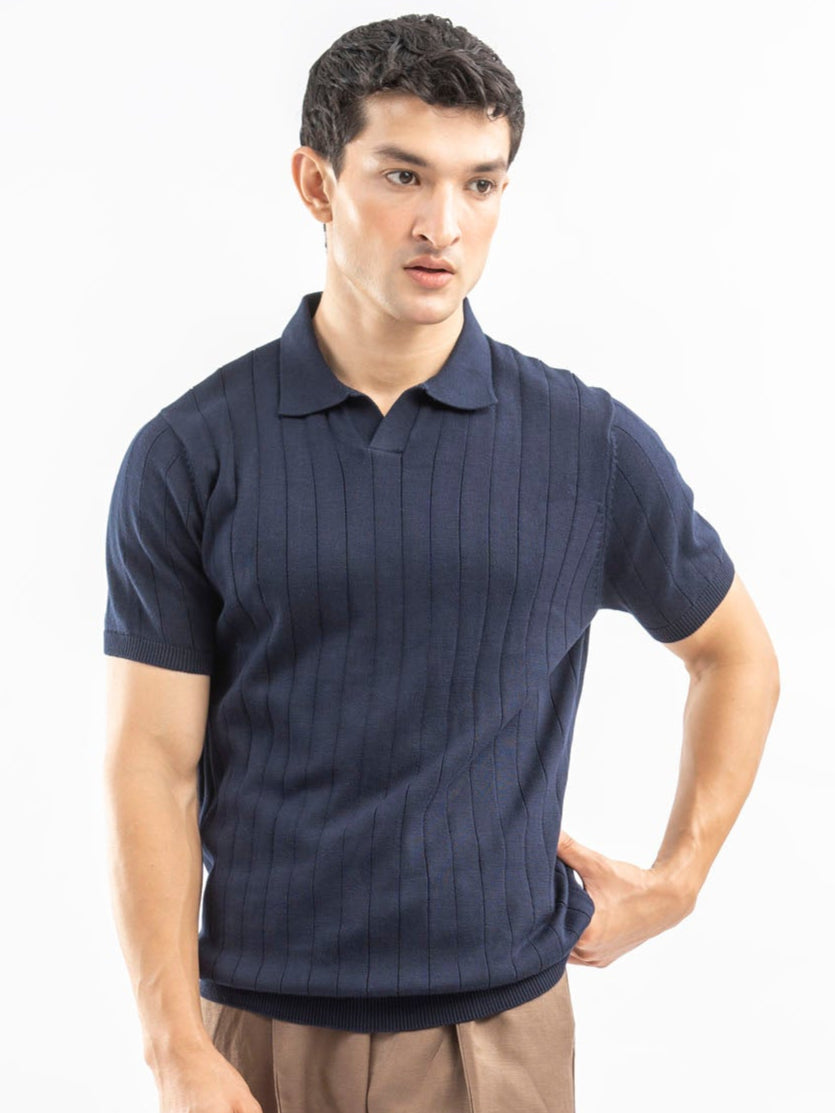 Navy Blue Drop Needle Flat Knit Polo