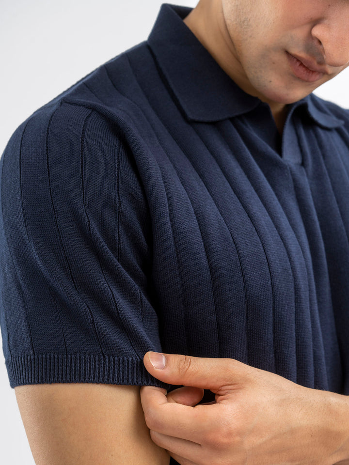 Navy Blue Drop Needle Flat Knit Polo