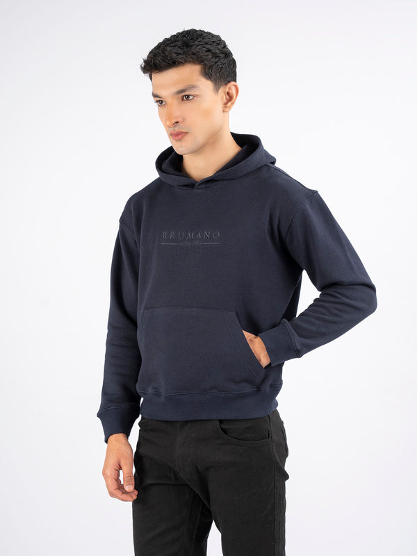 Navy Blue Embroidered Relaxed Fit Hoodie