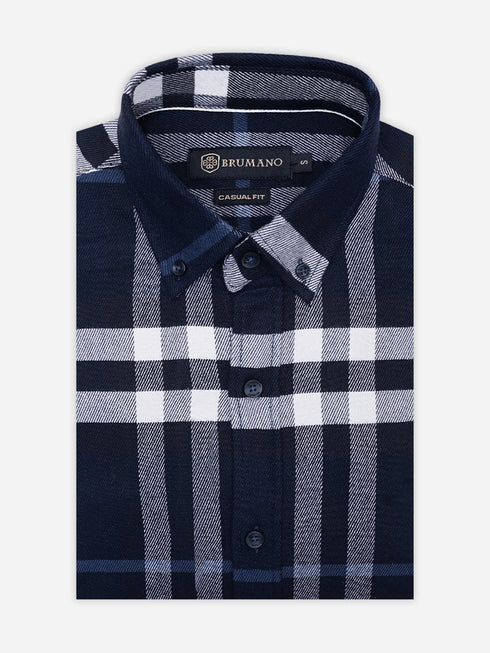 Navy Blue Flannel Gingham Checkered Shirt