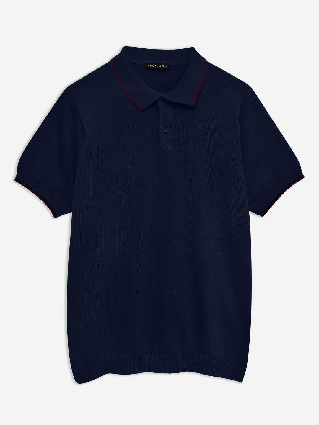 Navy Blue Flat Knit Polo With Tipped Collar