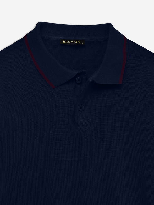Navy Blue Flat Knit Polo With Tipped Collar