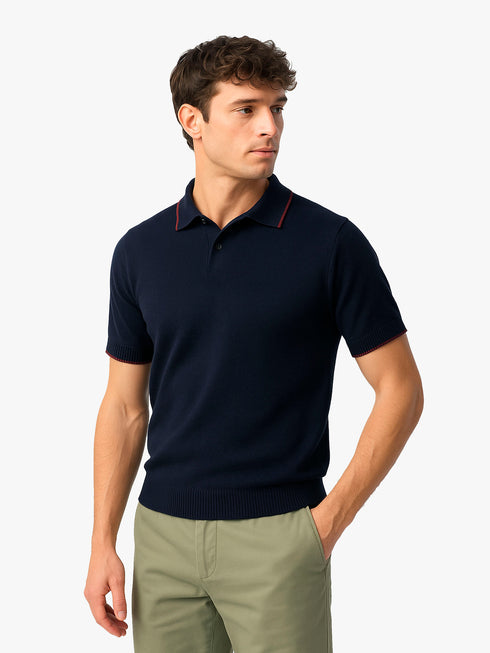 Navy Blue Flat Knit Polo With Tipped Collar