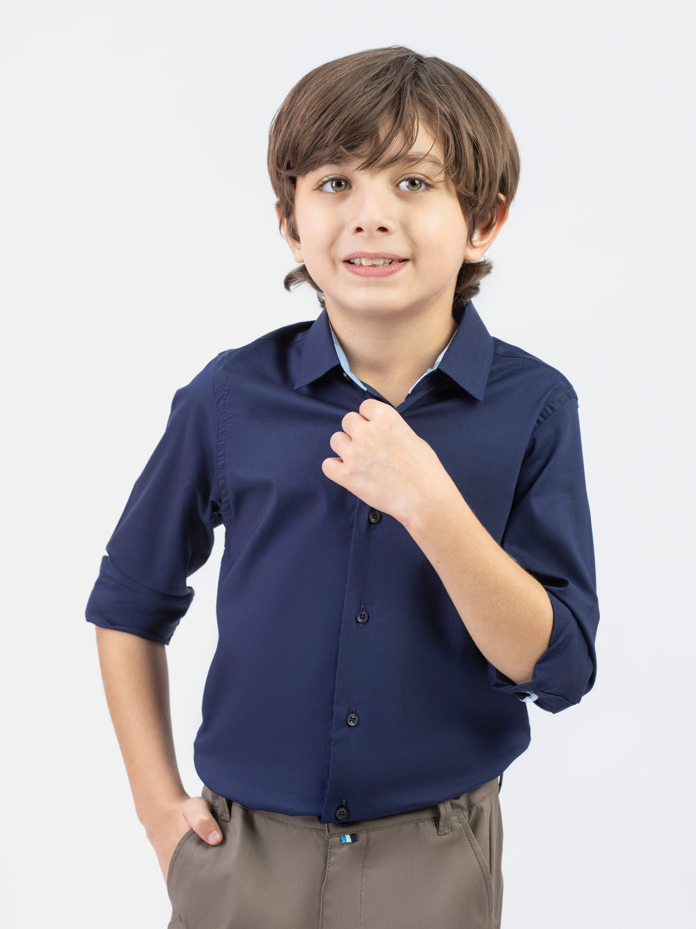 Navy blue formal satin shirt with collar detailing brumano pakistan