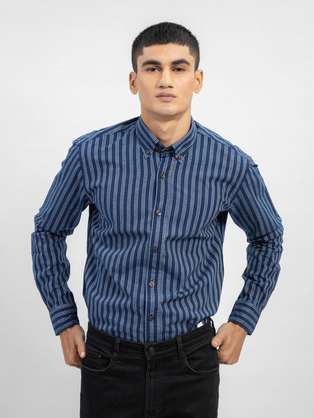 Navy Blue Indigo Dyed Striped Button Down Shirt