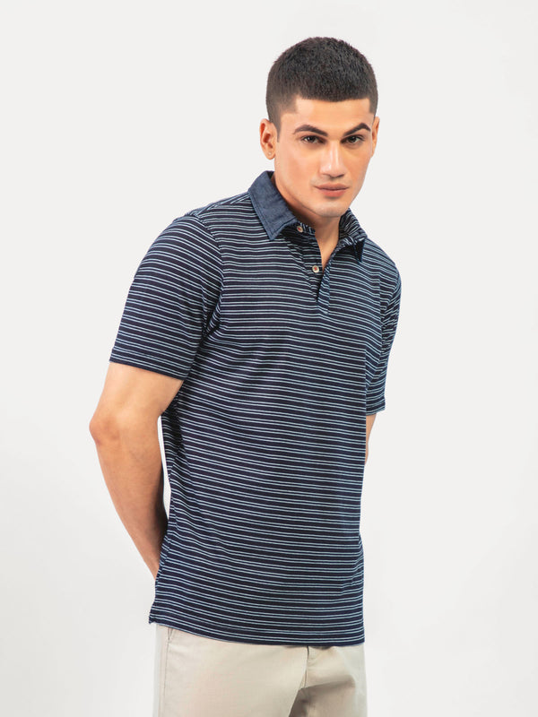 Navy Blue Indigo Striped Polo Shirt Slimfit Brumano Pakistan