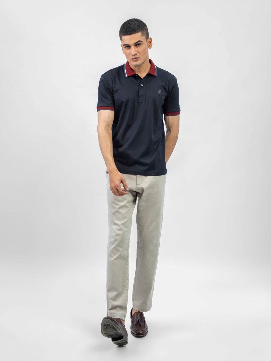 Navy blue interlock polo with contrasting maroon collar brumano pakistan