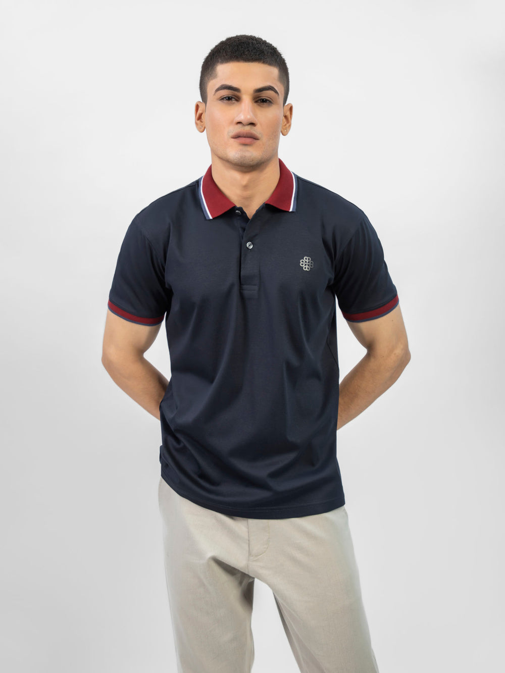 Navy blue interlock polo with contrasting maroon collar brumano pakistan