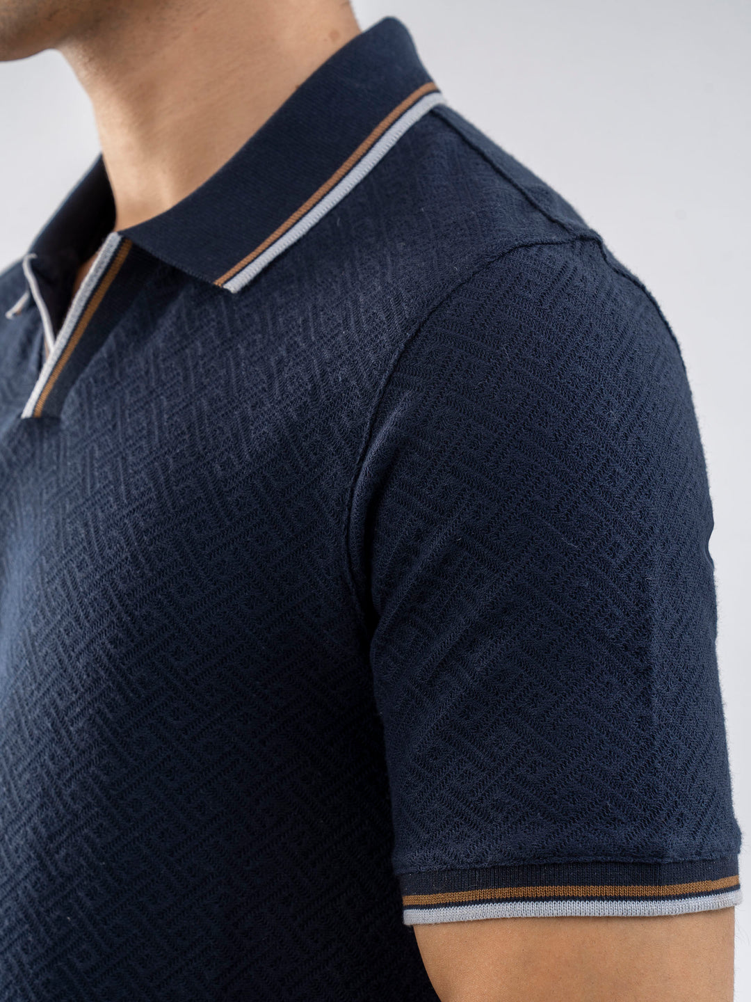 Navy Blue Jacquard Structured Tipped V-Neck Polo