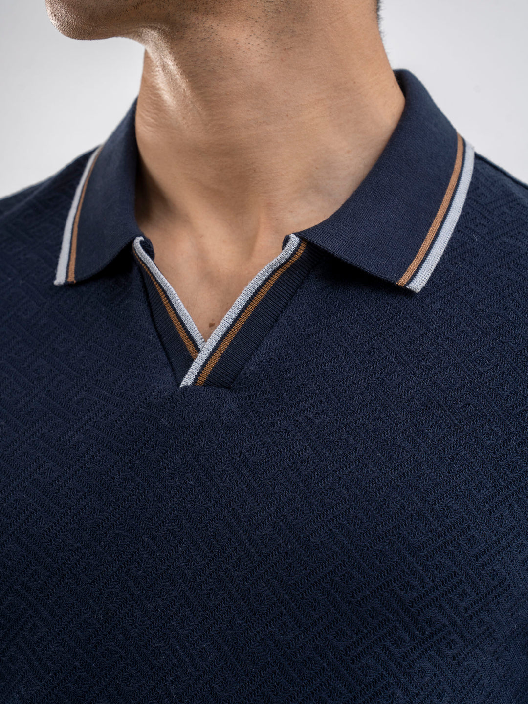 Navy Blue Jacquard Structured Tipped V-Neck Polo