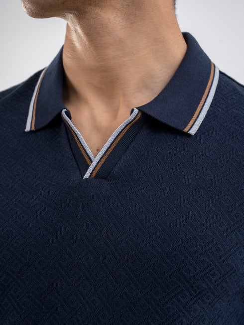Navy Blue Jacquard Structured Tipped V-Neck Polo