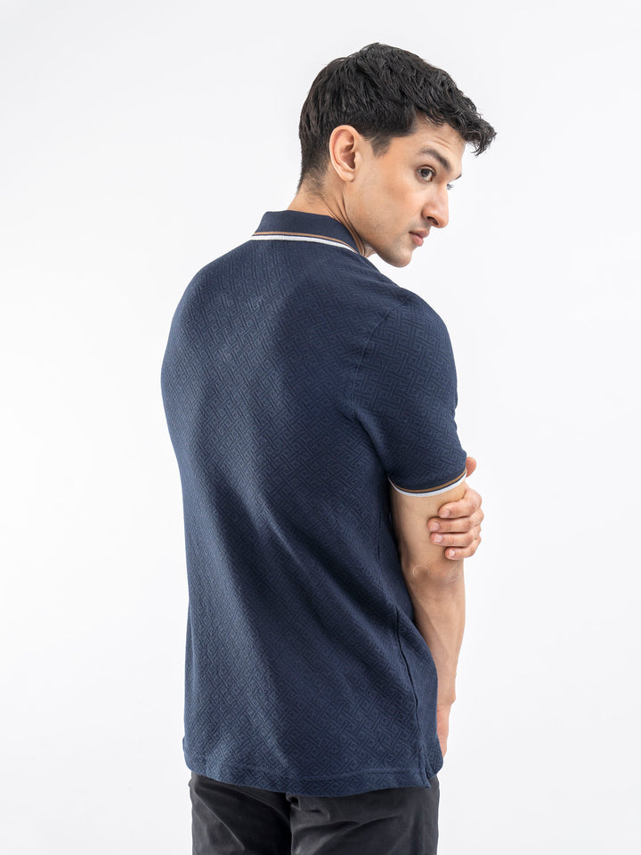 Navy Blue Jacquard Structured Tipped V-Neck Polo