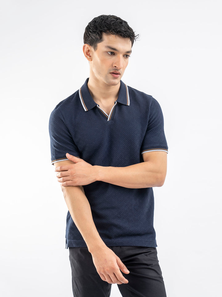 Navy Blue Jacquard Structured Tipped V-Neck Polo