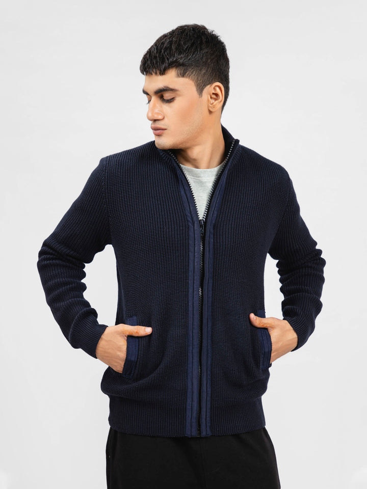 Navy Blue Knitted Textured Zipper Jacket With Detailing Brumano Pakistan