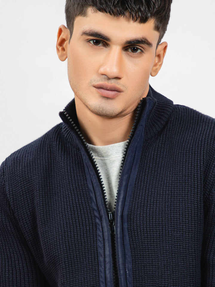 Navy Blue Knitted Textured Zipper Jacket With Detailing Brumano Pakistan