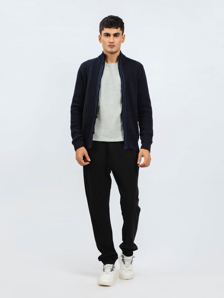 Navy Blue Knitted Textured Zipper Jacket With Detailing Brumano Pakistan
