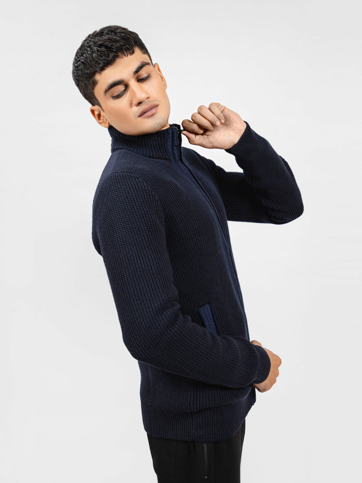 Navy Blue Knitted Textured Zipper Jacket With Detailing Brumano Pakistan
