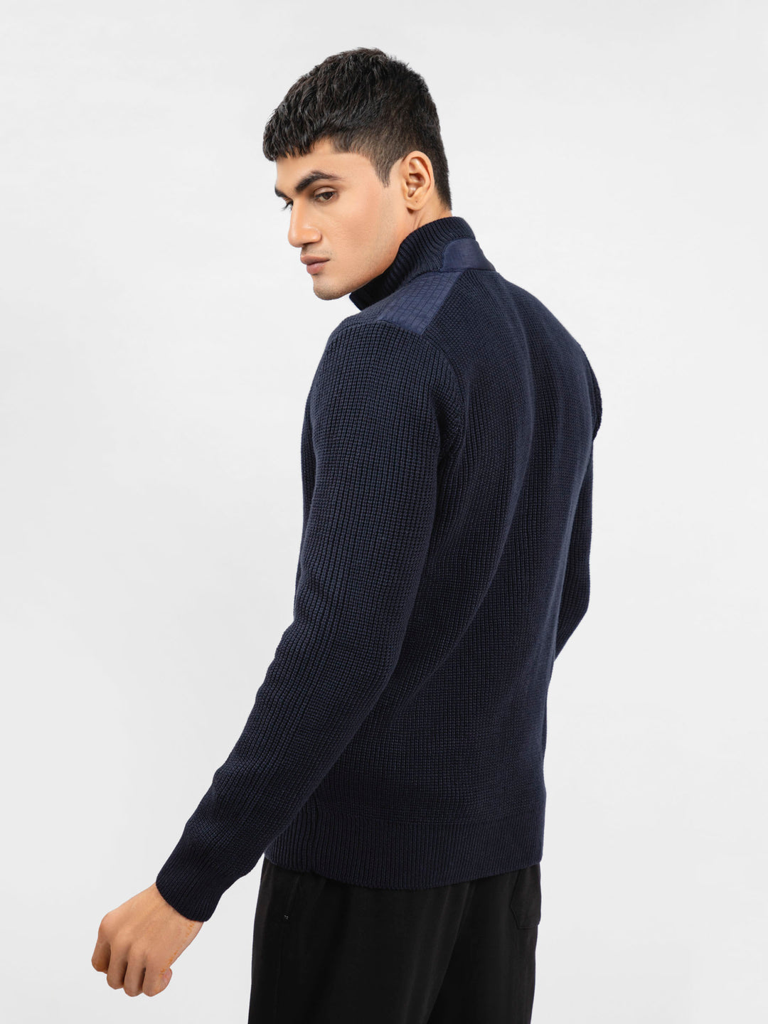 Navy Blue Knitted Textured Zipper Jacket With Detailing Brumano Pakistan