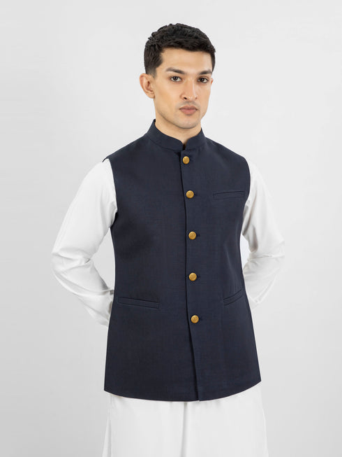 Navy Blue Linen Waistcoat With Golden Buttons