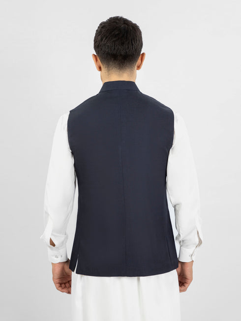 Navy Blue Linen Waistcoat With Golden Buttons