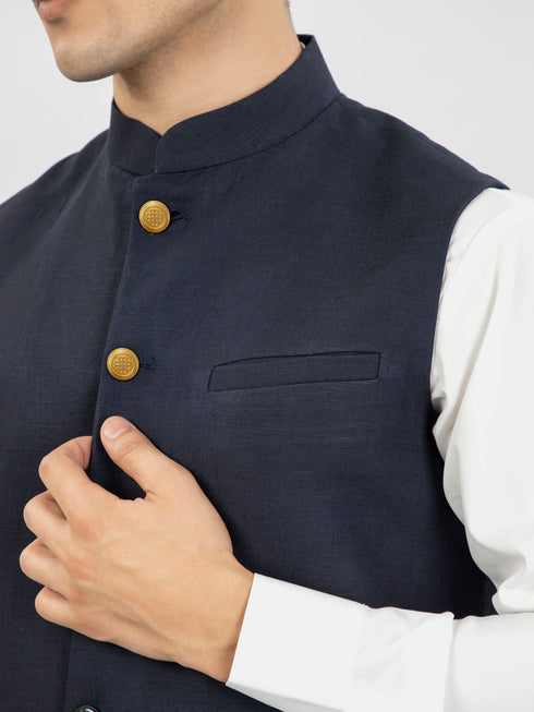 Navy Blue Linen Waistcoat With Golden Buttons