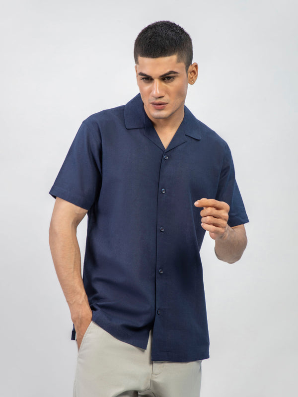 Navy Blue Linen Blended Half Sleeve Cuban Collar Shirt Brumano Pakistan
