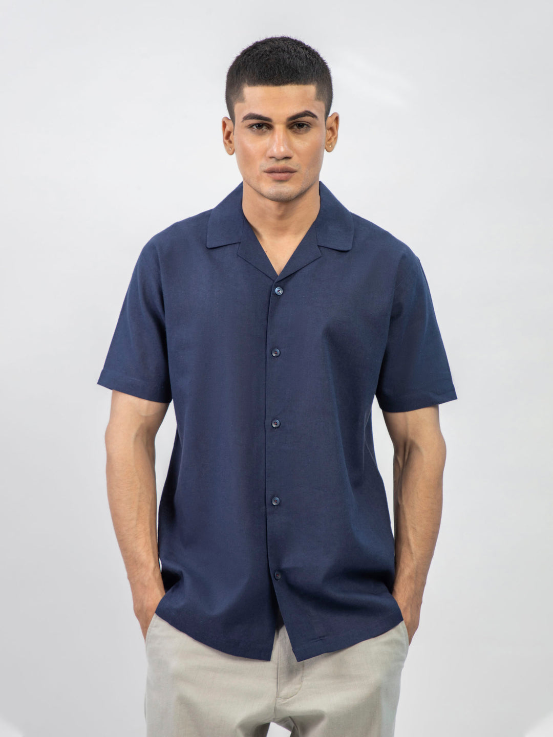 Navy Blue Linen Blended Half Sleeve Cuban Collar Shirt