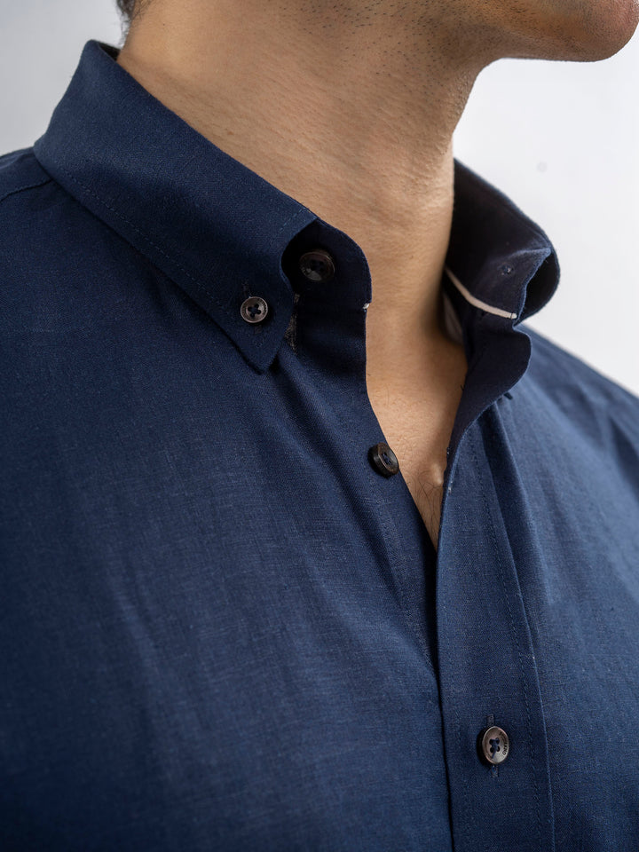 Navy Blue Linen Button Down Shirt