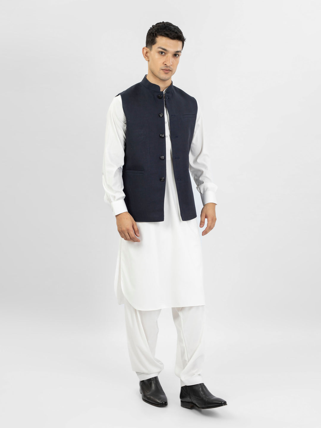 Navy Blue Linen Waistcoat With Metal Buttons