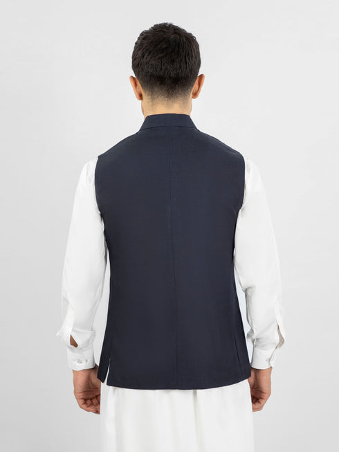 Navy Blue Linen Waistcoat With Metal Buttons