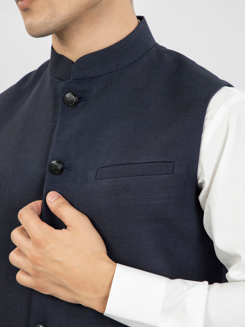 Navy Blue Linen Waistcoat With Metal Buttons