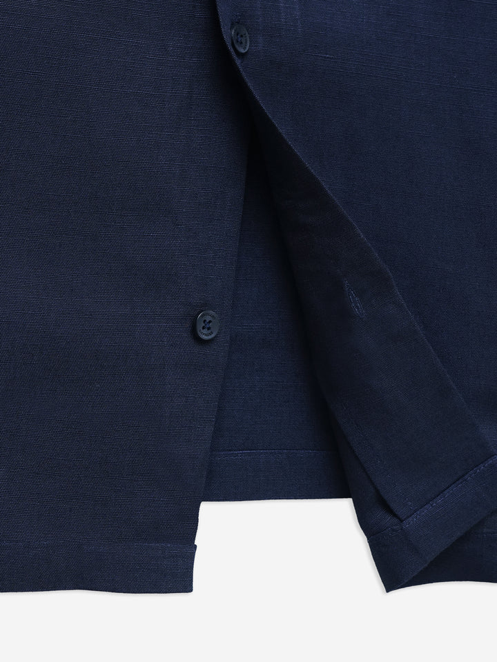 Navy Blue Linen & Viscose Blended Cuban Collar Shirt