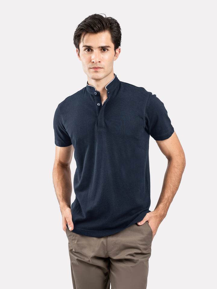 Navy Blue Mao Collar Pique Polo