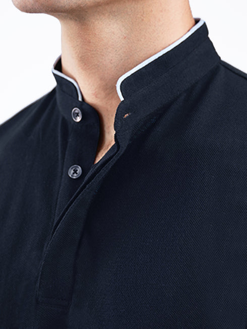 Navy Blue Mao Collar Pique Polo