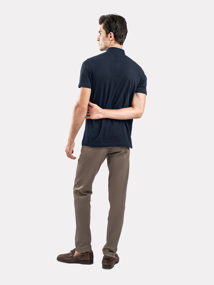 Navy Blue Mao Collar Pique Polo