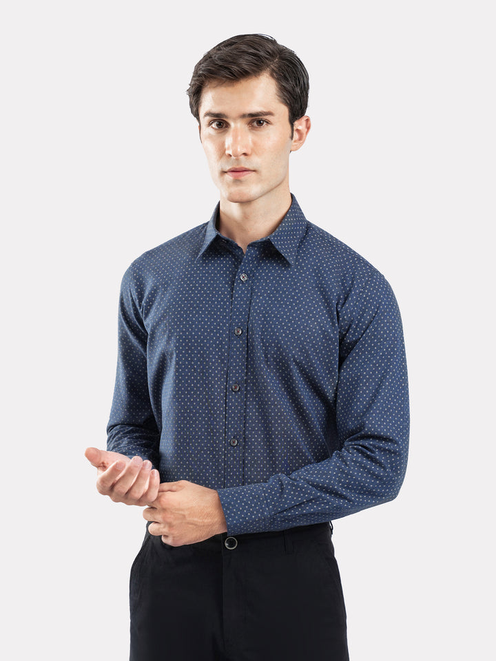 Navy Blue Melange Printed Shirt